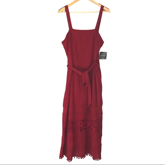 Lulus Red Boho Midi Dress with Pompom Trim - Picture 2 of 15